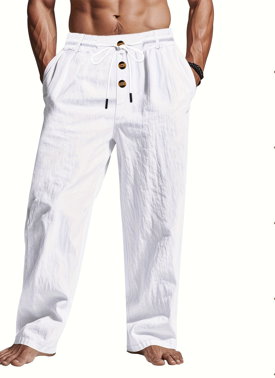 Men’s Linen Trousers with Drawstring Waist and Multi-Button Design