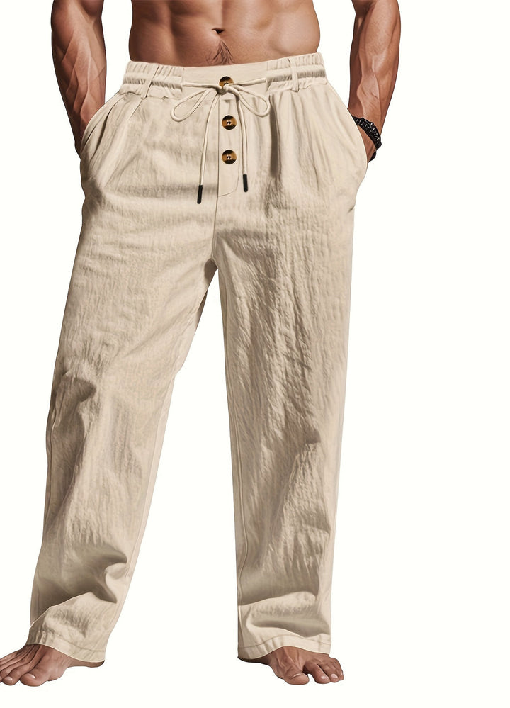 Men’s Linen Trousers with Drawstring Waist and Multi-Button Design