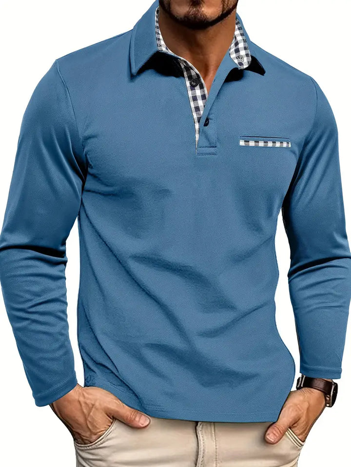 Men’s Long-Sleeved Polo Shirt with Checkered Collar and Pocket