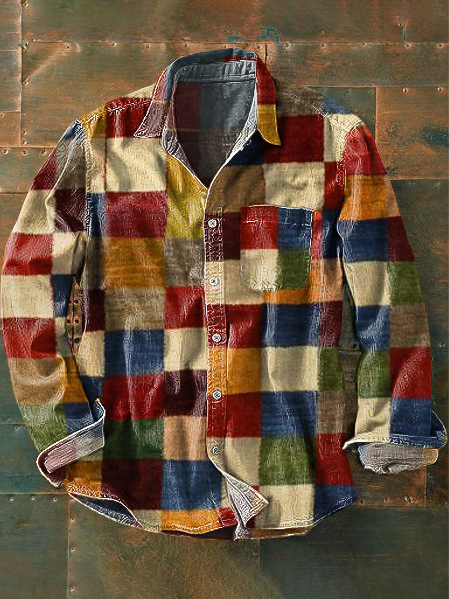 Men’s Long Sleeve Shirt with Patchwork and Button Closure