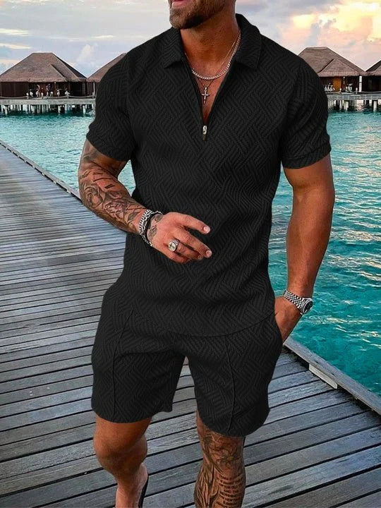 Men’s Polo Shirt and Shorts Set with Button Placket and Pockets