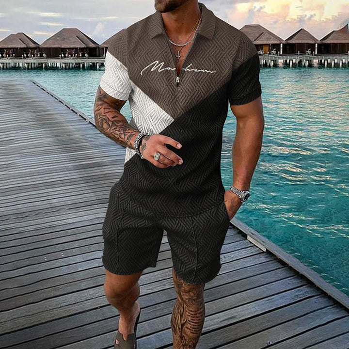 Men’s Polo Shirt and Shorts Set with Smile Face Print and Pocket