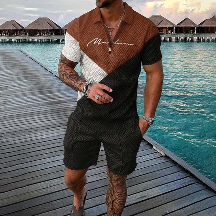 Men’s Polo Shirt and Shorts Set with Smile Face Print and Pocket