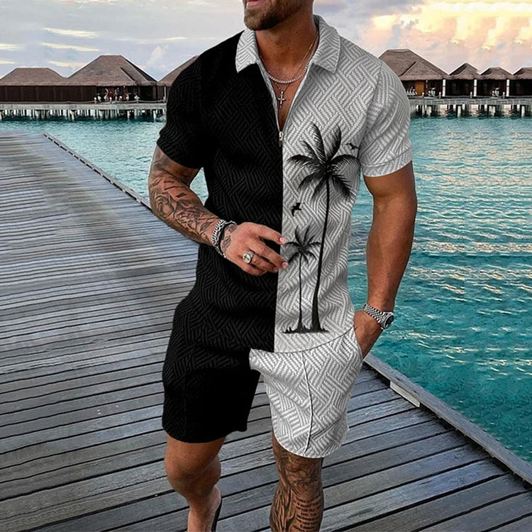 Men’s Polo Shirt and Shorts Set with Smile Face Print and Zipper