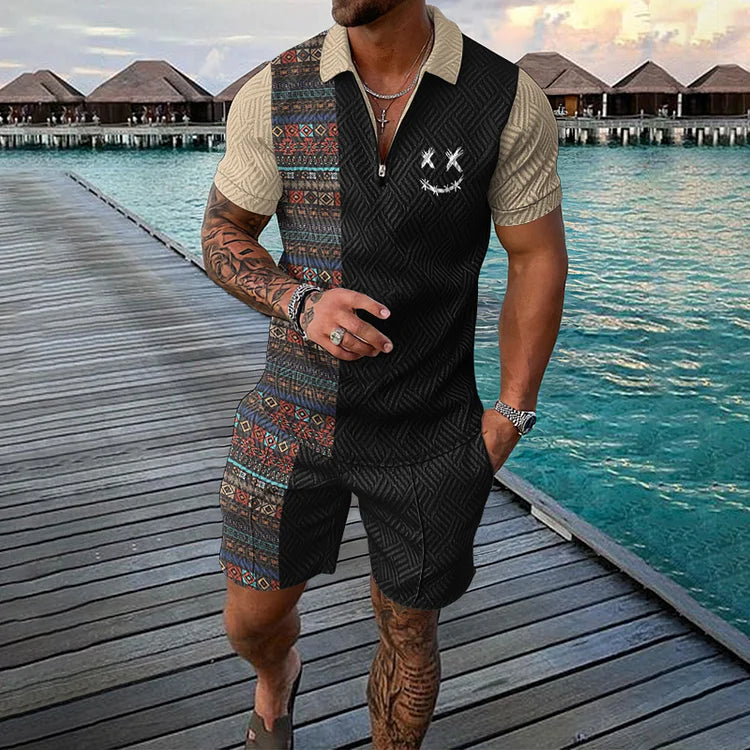 Men’s Polo Shirt and Shorts Set with Smile Face Print and Zipper Closure