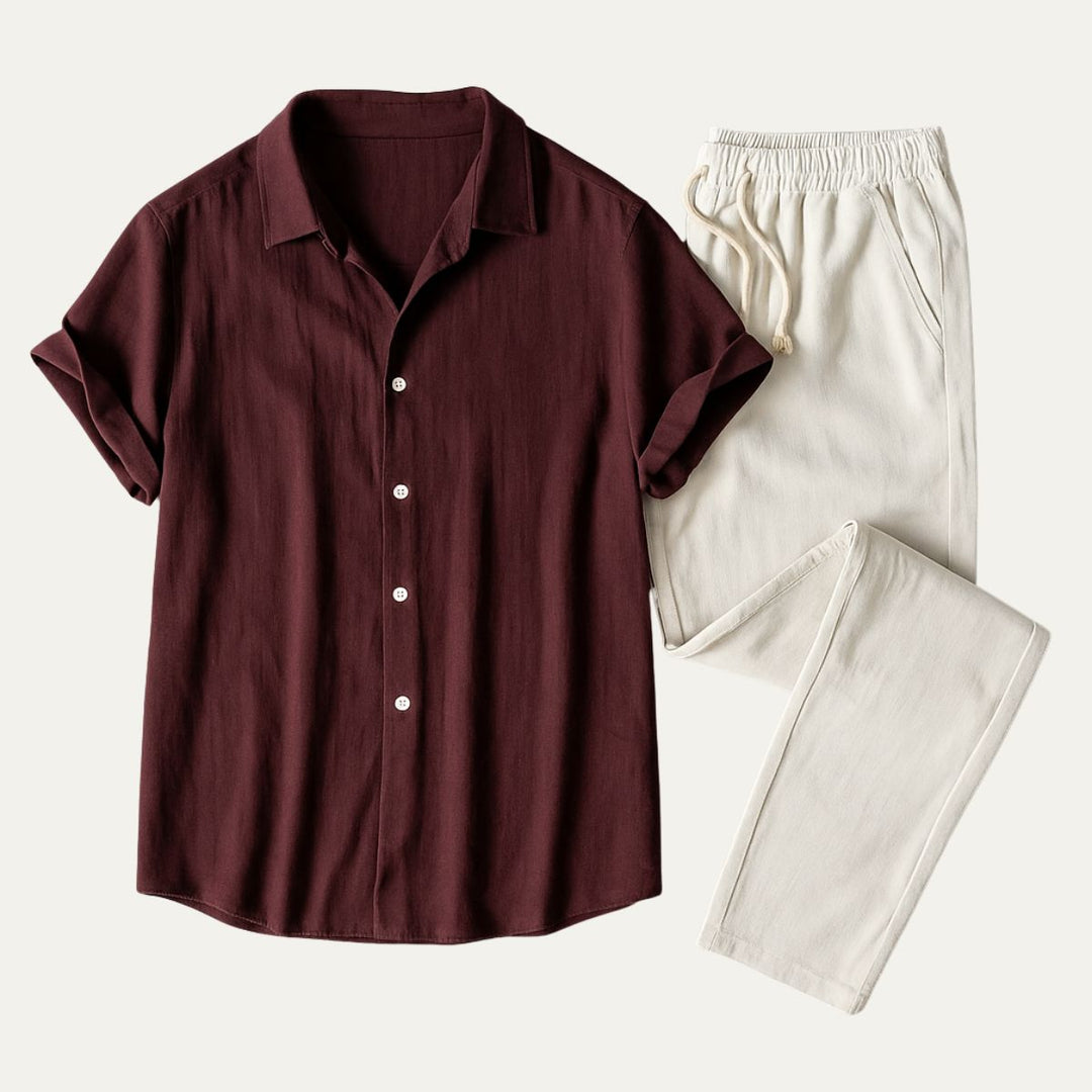 Mens Set with Short Sleeve Shirt and Drawstring Trousers