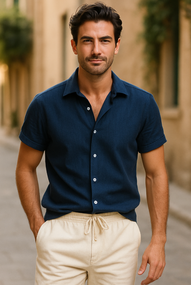 Mens Set with Short Sleeve Shirt and Drawstring Trousers