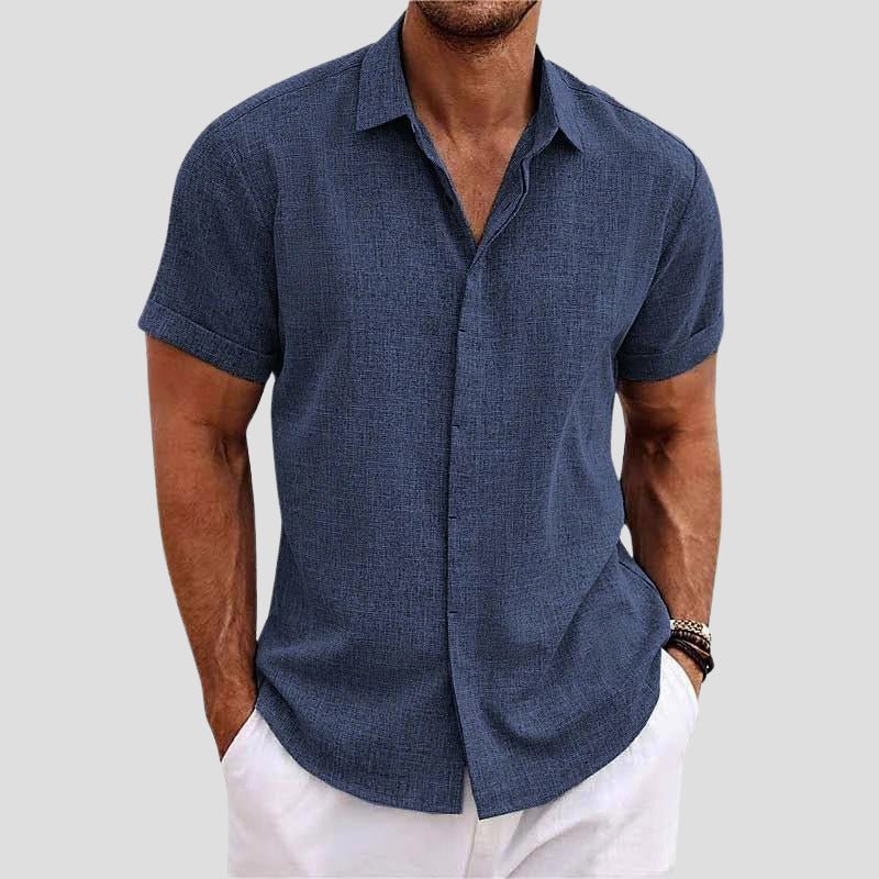 Mens Short Sleeve Shirt with Lapel Collar and Button Closure