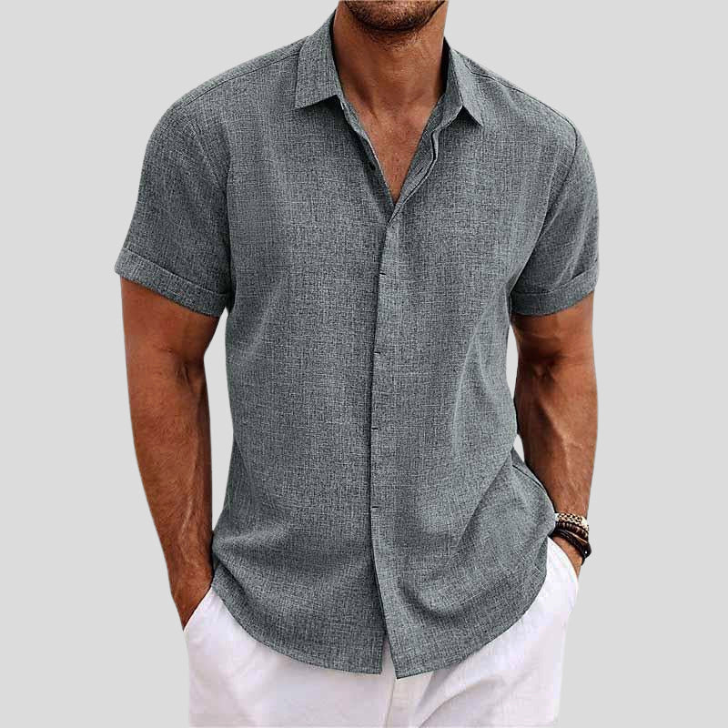 Mens Short Sleeve Shirt with Lapel Collar and Button Closure