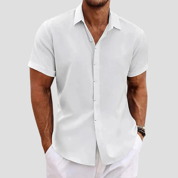 Mens Short Sleeve Shirt with Lapel Collar and Button Closure
