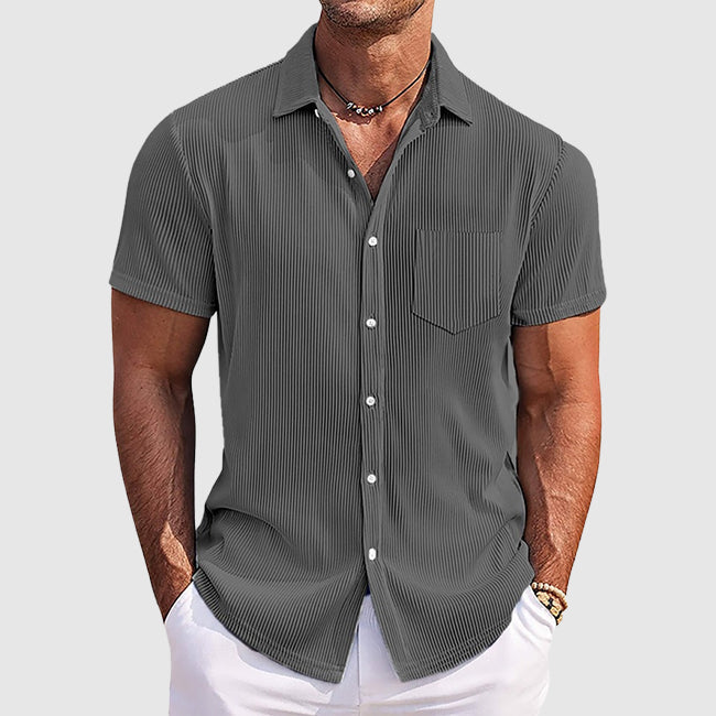 Mens Striped Short Sleeve Shirt with Turn‑Down Collar and Chest Pocket