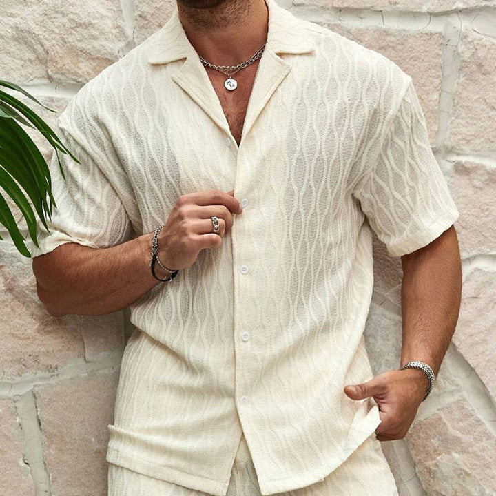 Men’s Summer Outfit Set with Button Shirt and Elastic Shorts