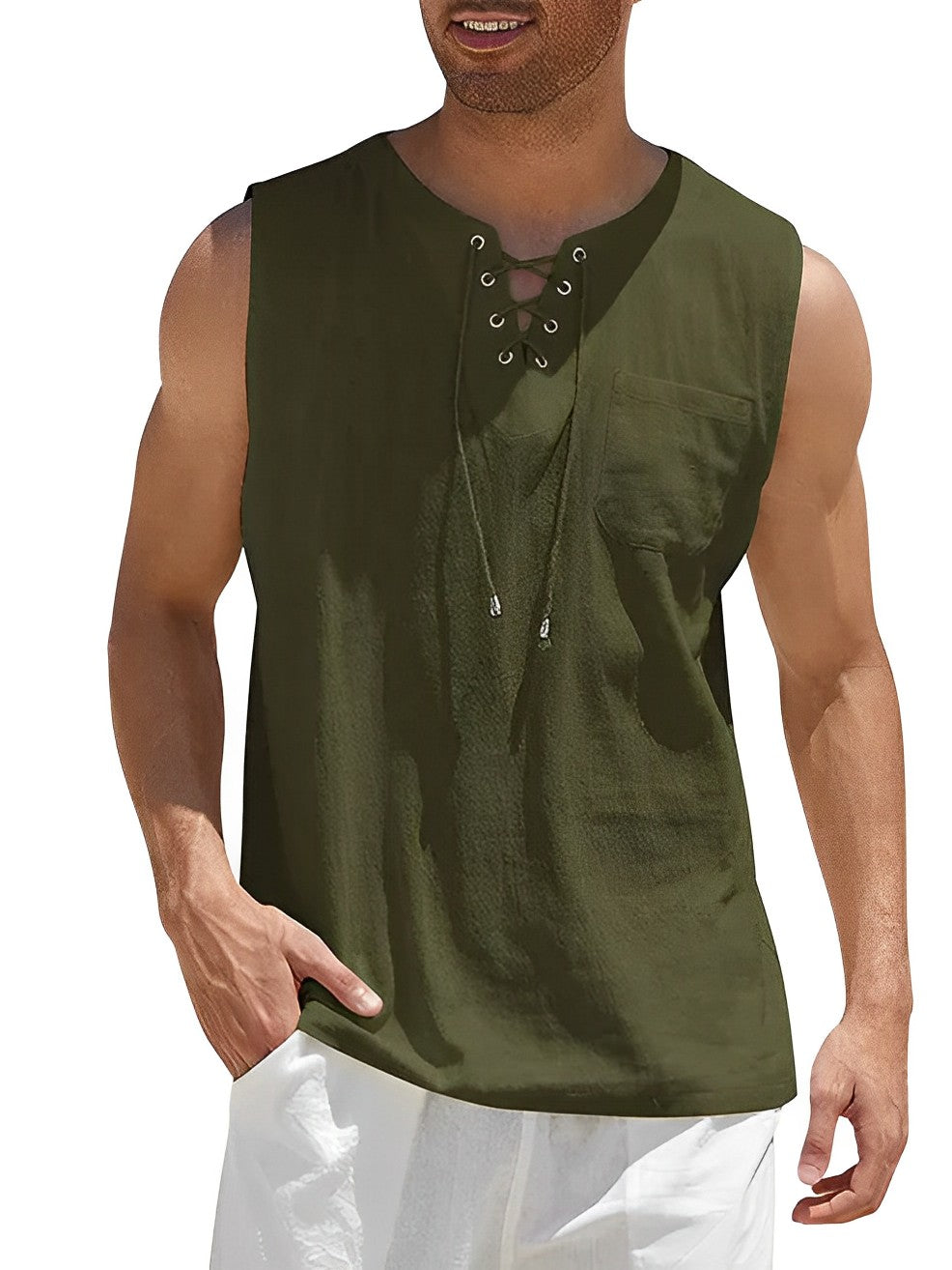 Men’s Summer Tank Top with Lace-Up V-Neck and Loose Fit