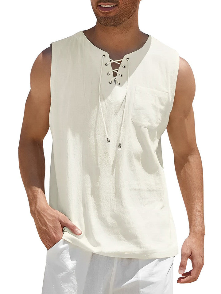 Men’s Summer Tank Top with Lace-Up V-Neck and Loose Fit