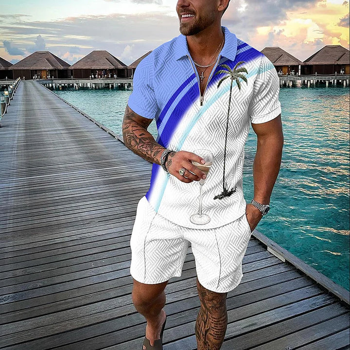 Men’s Tropicana Polo Shirt and Shorts Set with Smile Face Print and Color Block Design