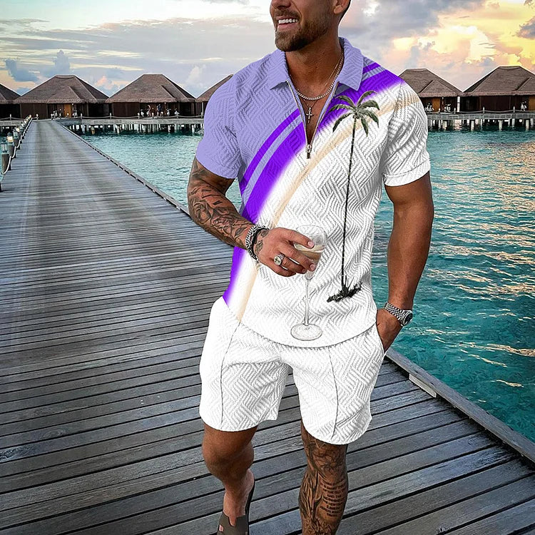Men’s Tropicana Polo Shirt and Shorts Set with Smile Face Print and Color Block Design