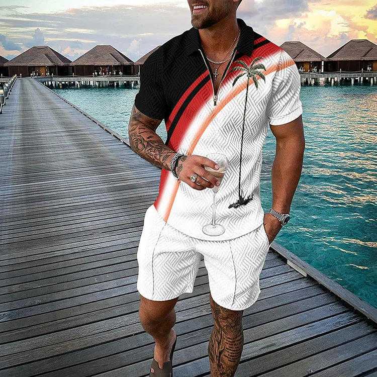 Men’s Tropicana Polo Shirt and Shorts Set with Smile Face Print and Color Block Design