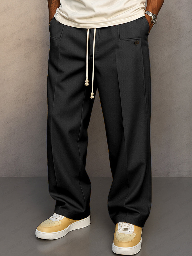 Mens Trousers with Adjustable Waistband and Pleated Front