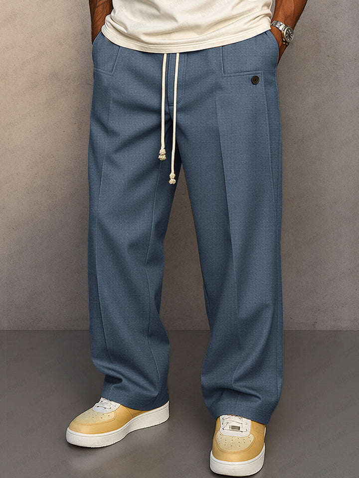 Mens Trousers with Adjustable Waistband and Pleated Front