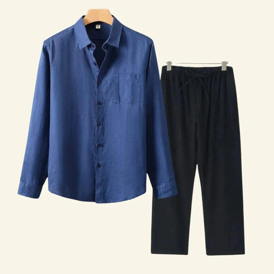 Men’s Two-Piece Set with Button Shirt and Side Pockets