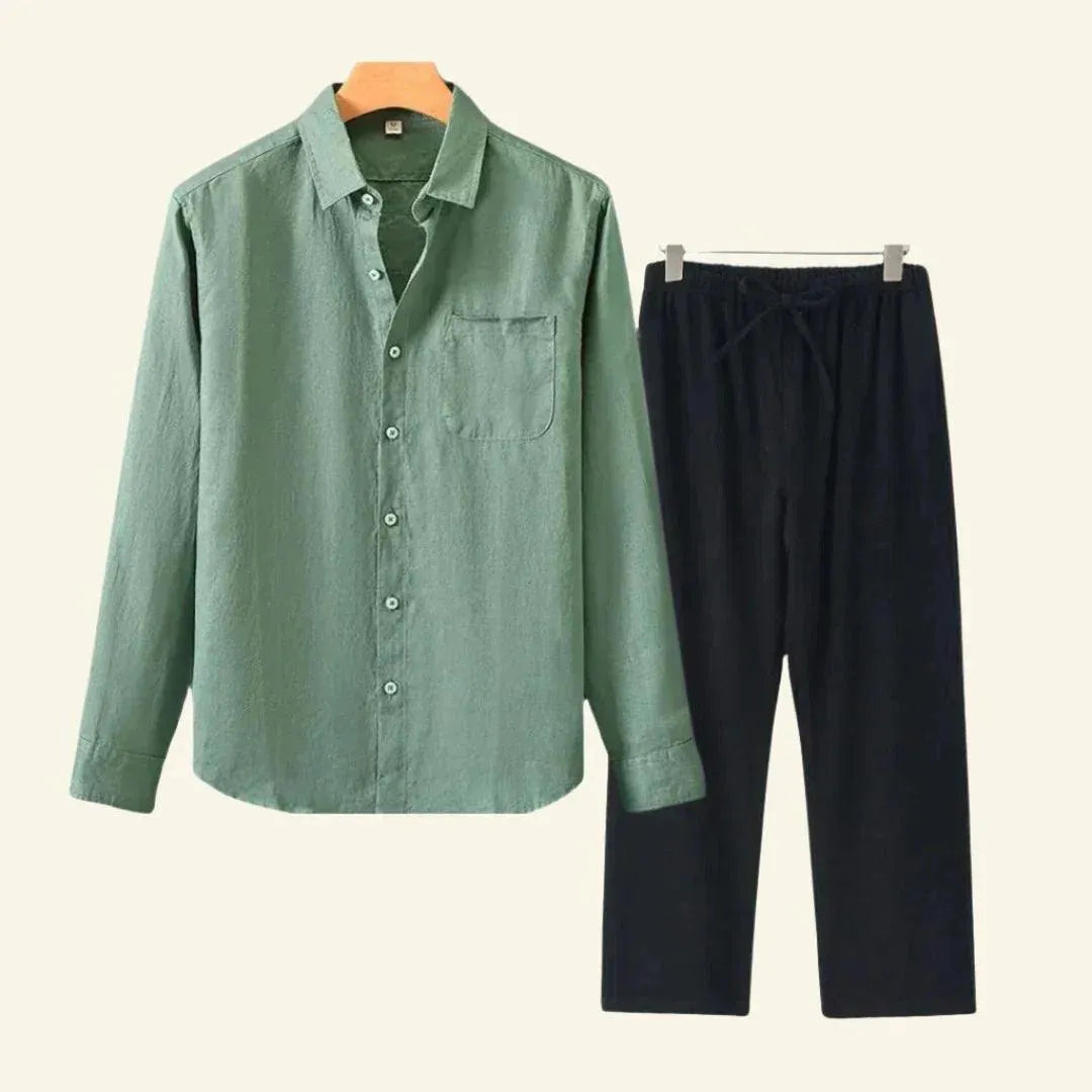 Men’s Two-Piece Set with Button Shirt and Side Pockets