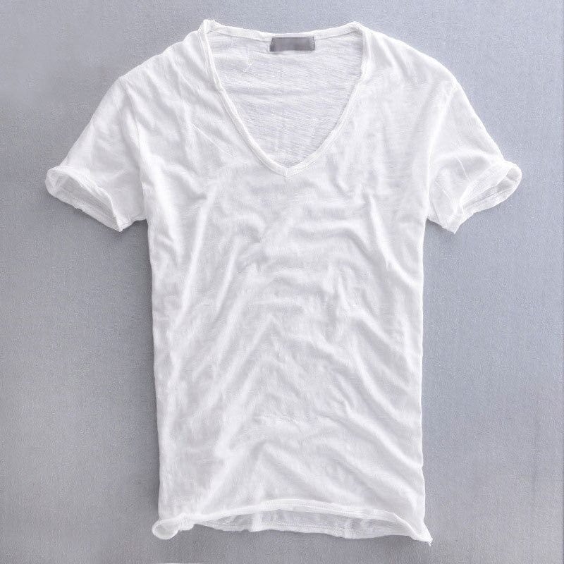 Men’s V-Neck T-shirt with Short Sleeves and Stitched Hem