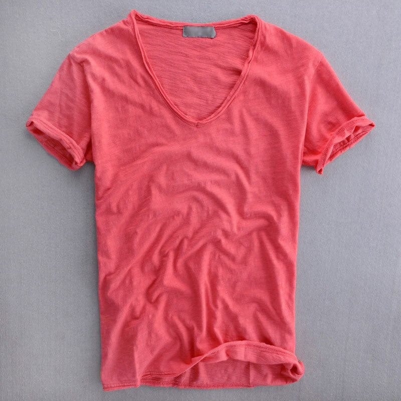 Men’s V-Neck T-shirt with Short Sleeves and Stitched Hem