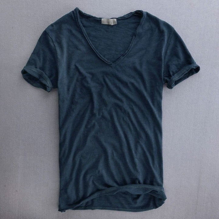 Men’s V-Neck T-shirt with Short Sleeves and Stitched Hem