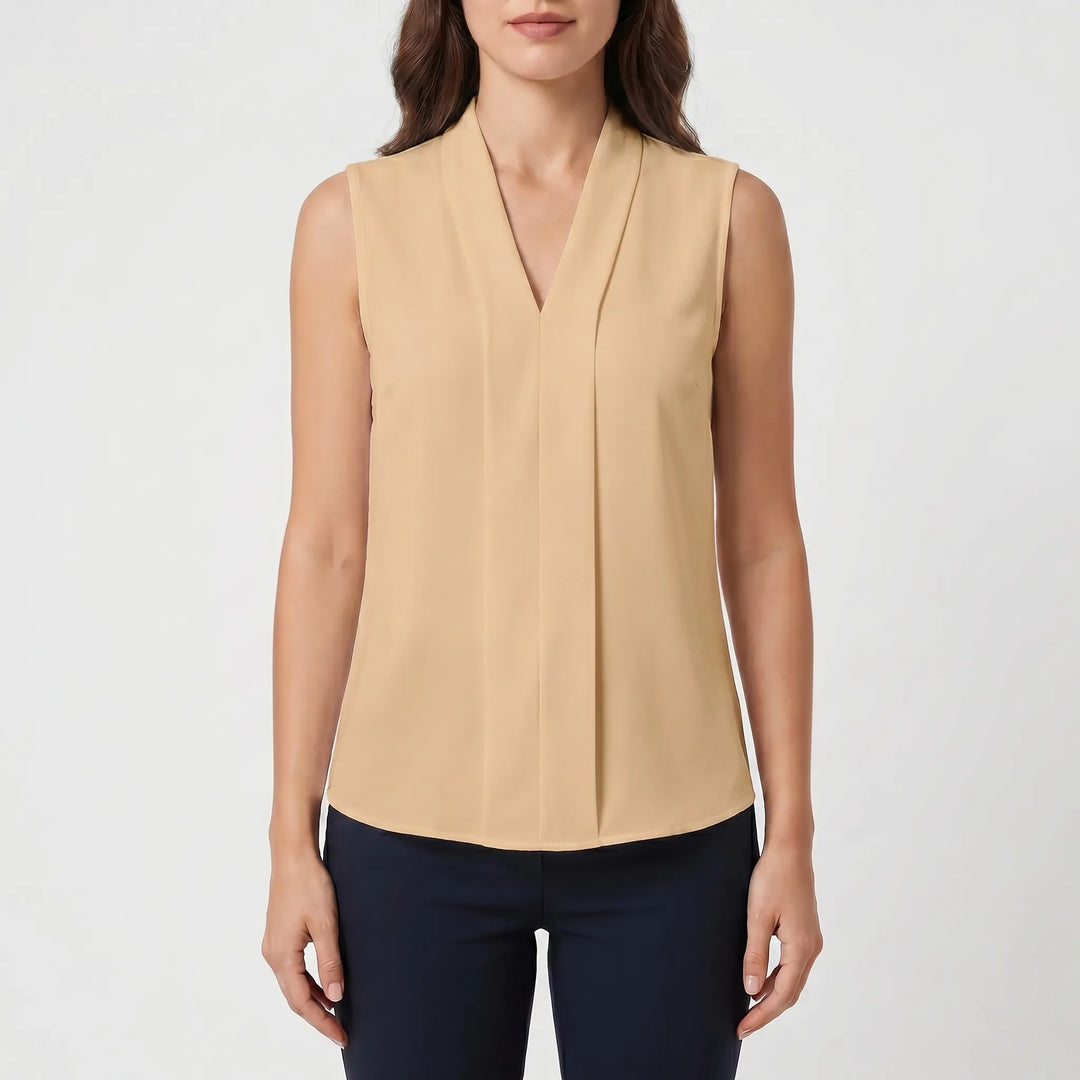 Plissara - Sleeveless Pleated V-Neck Blouse
