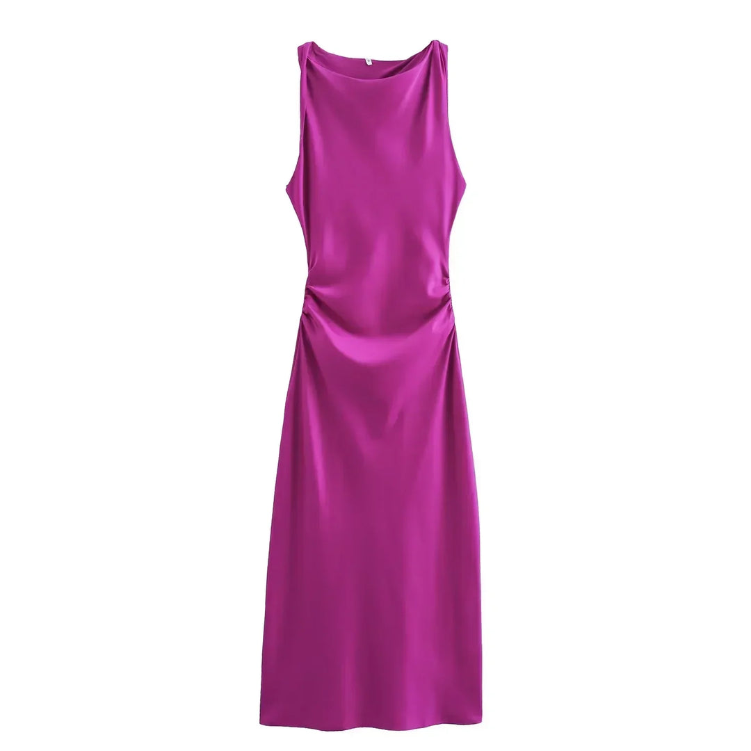 Sleeveless Midi Dress for Women - Cowl Neck - Ruched