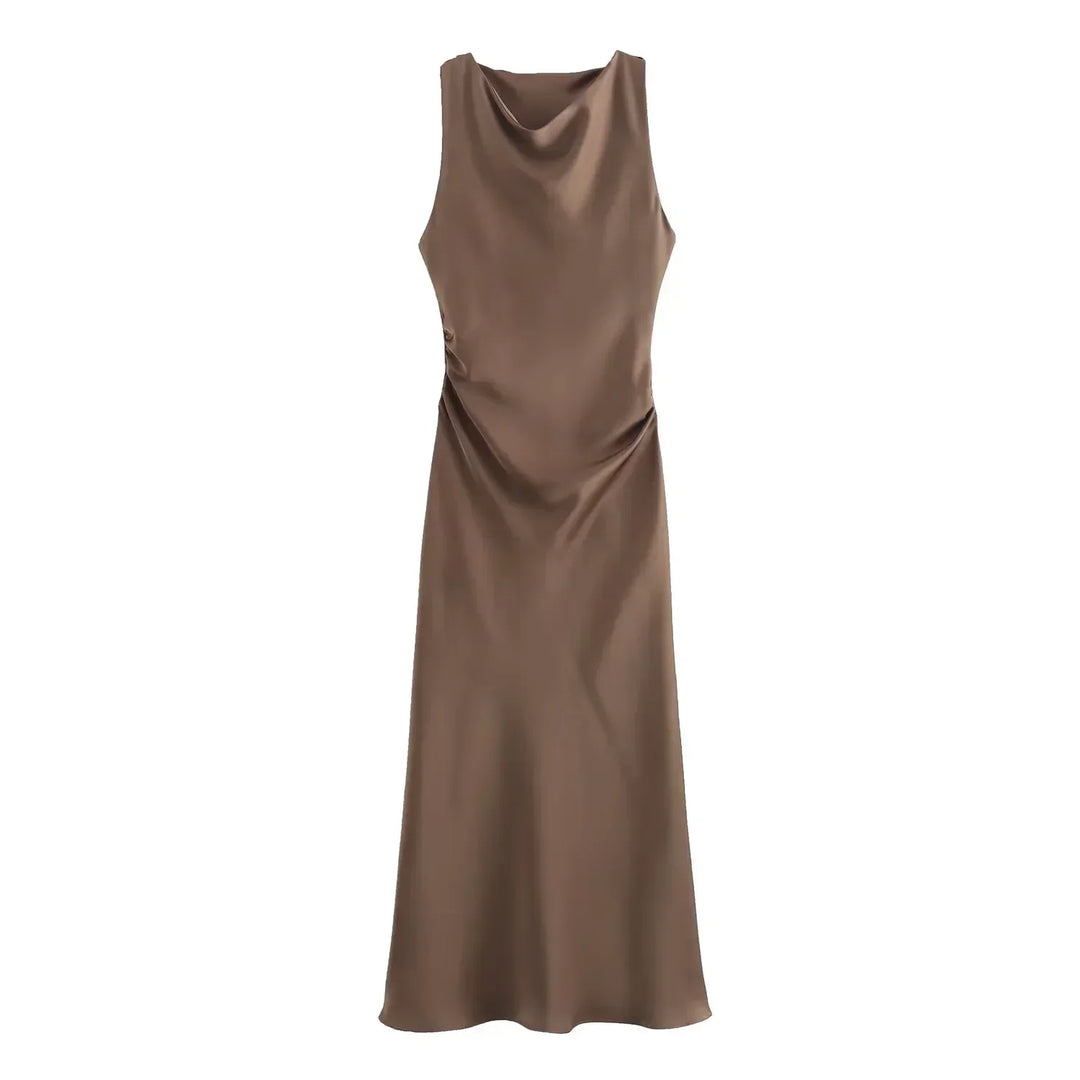 Sleeveless Midi Dress for Women - Cowl Neck - Ruched
