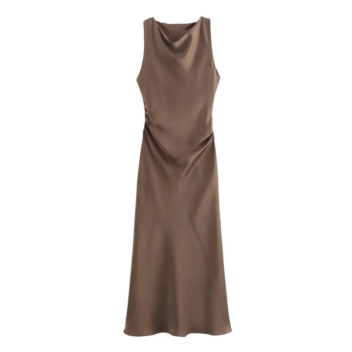 Sleeveless Midi Dress for Women - Cowl Neck - Ruched