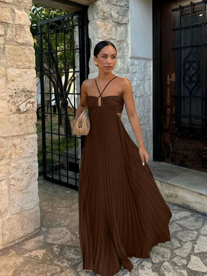 Pleated A-Line Maxi Dress for Women - Halter Strappy