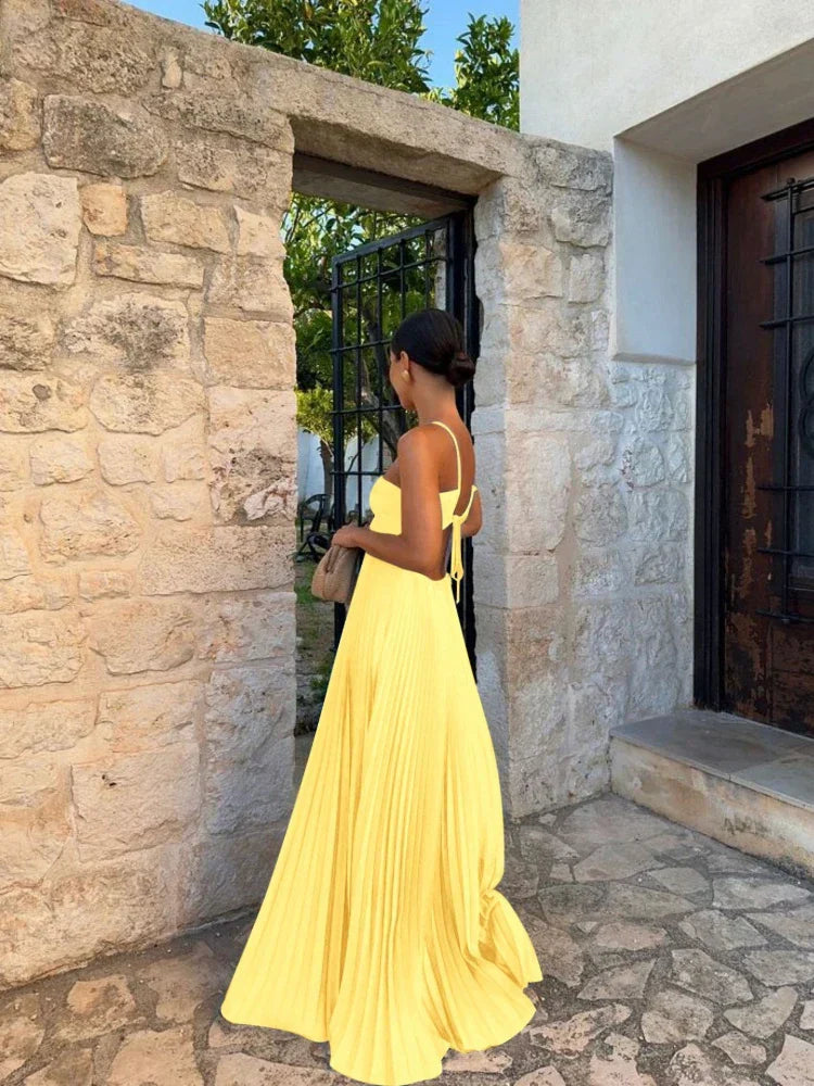 Pleated A-Line Maxi Dress for Women - Halter Strappy