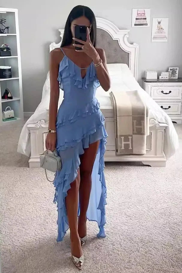 Women’s Spaghetti Strap Dress with Ruffles and Asymmetrical Hemline