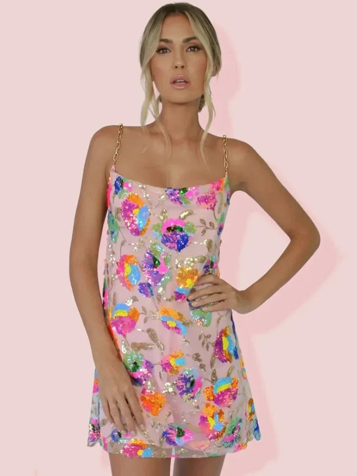 Floral Slip Mini Dress for Women - Chain Strap Backless