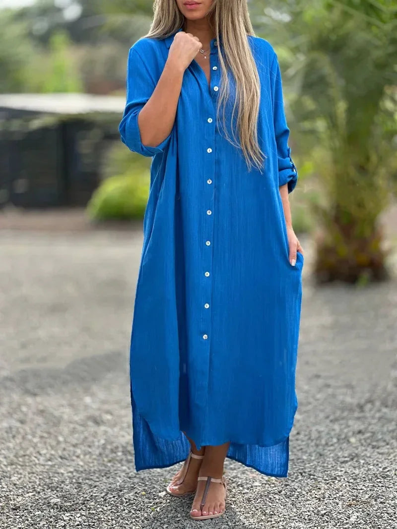 Button-Down Maxi Shirt Dress for Women - Long Sleeve Collared