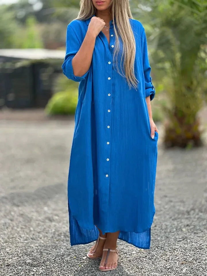 Button-Down Maxi Shirt Dress for Women - Long Sleeve Collared