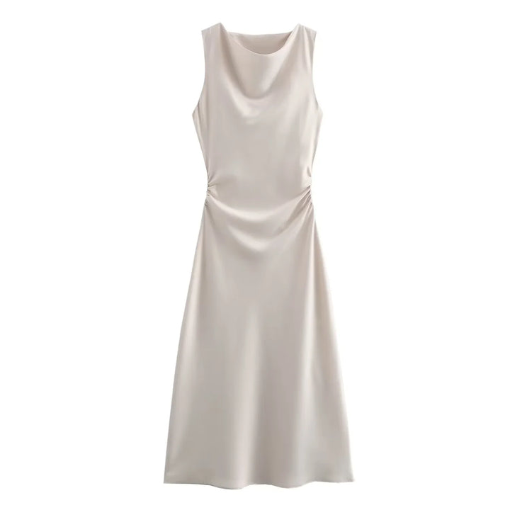 Sleeveless Midi Dress for Women - Cowl Neck - Ruched