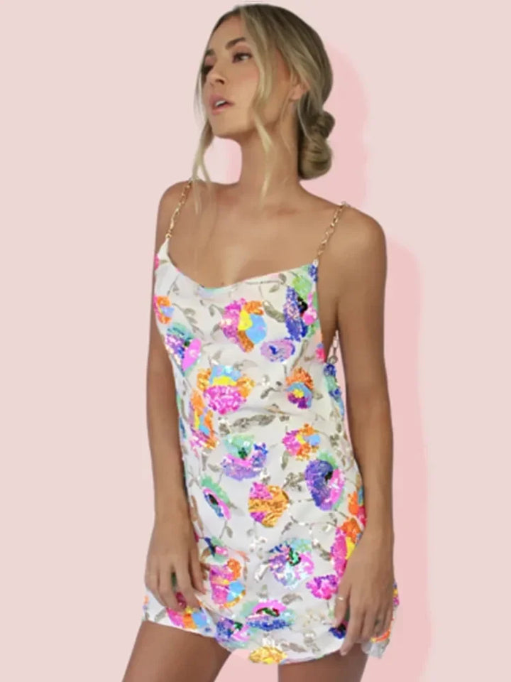 Floral Slip Mini Dress for Women - Chain Strap Backless