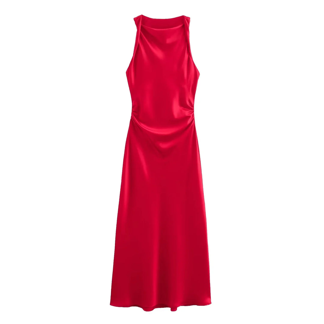 Sleeveless Midi Dress for Women - Cowl Neck - Ruched