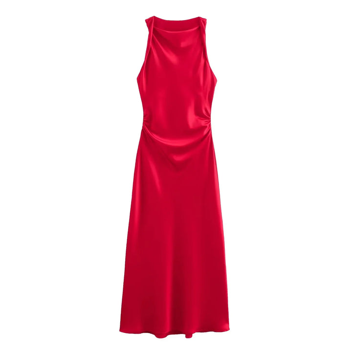 Sleeveless Midi Dress for Women - Cowl Neck - Ruched