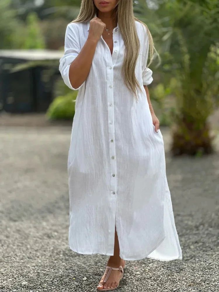 Button-Down Maxi Shirt Dress for Women - Long Sleeve Collared