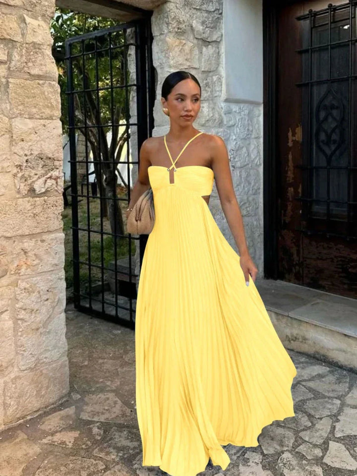Pleated A-Line Maxi Dress for Women - Halter Strappy