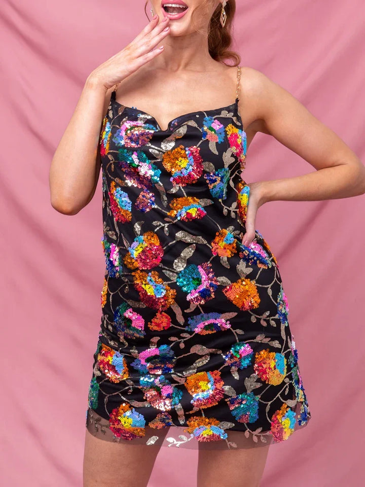 Floral Slip Mini Dress for Women - Chain Strap Backless