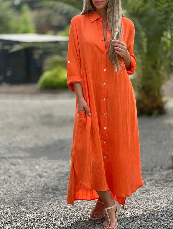 Button-Down Maxi Shirt Dress for Women - Long Sleeve Collared