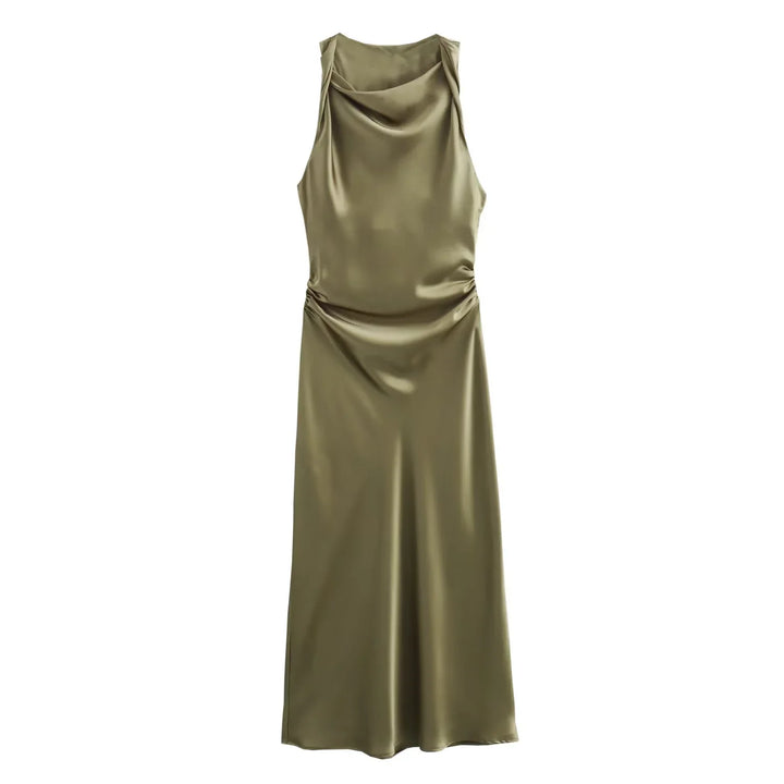 Sleeveless Midi Dress for Women - Cowl Neck - Ruched