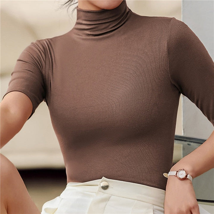 Women's Fitted Turtleneck Elbow Sleeve Top