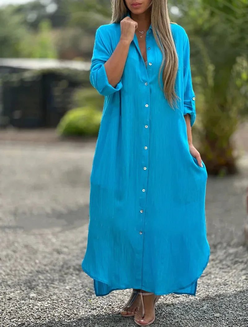 Button-Down Maxi Shirt Dress for Women - Long Sleeve Collared