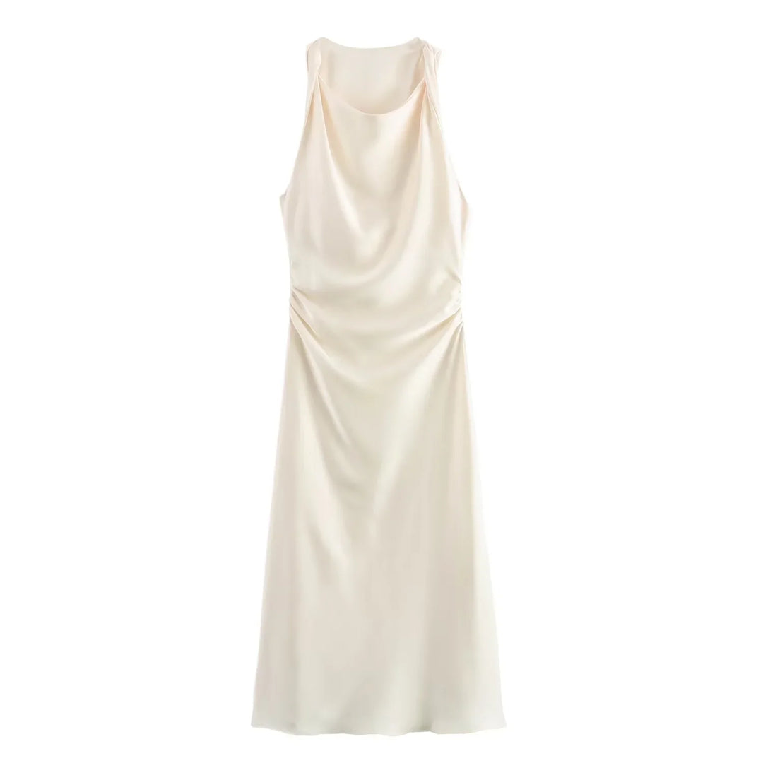 Sleeveless Midi Dress for Women - Cowl Neck - Ruched